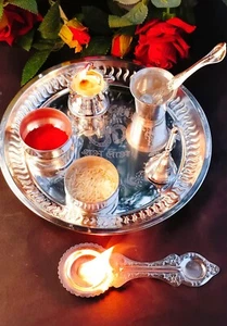 Germ�n silver combo pooja thali set of 8 pieces for house warming pooja thali - Picture 1 of 3