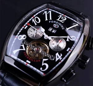 Forsining Automatic Watch Men Sport Tonneau Shaped Leather Waterproof Date Gift - Picture 1 of 6