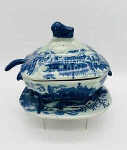 Vintage Victoria Ware Blue Ironstone Lidded Gravy Boat TureenLadle Underplate - Picture 1 of 20