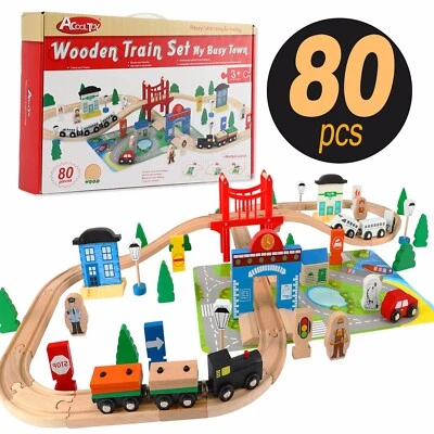 Brand New--Wooden Train Set My busy Town 80Pcs Expandable Train Toy Railroad Set - Image 1 of 4