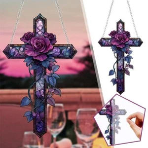 Purple Rose Cross Suncatcher Hanging Decor, Flat Stained Acrylic Suncatcher, - Picture 1 of 13