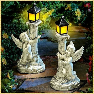 Angel Cherub Statue Sculpture w Solar Lantern Outdoor Garden Yard Pathway Decor - Picture 1 of 8