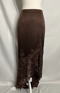 Vtg CACHE Silk Beaded Asymmetrical Long Pencil Skirt Brown Lace Sz 12 Women's