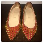 Christian Louboutin Red Leather Gold Spikes Pigalle Pointed Toe Flats Sz 36.5