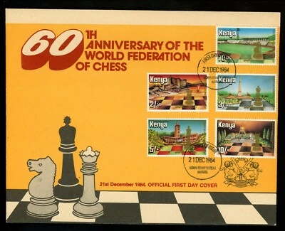 Historia Postal Kenia #319-323 FDC Federación Mundial de Ajedrez FIDE 1984 Nairobi  Foto 1 de 4