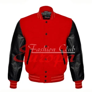 Chaqueta universitaria de lana roja American Letterman con manga negra de cuero real XS-4XL - Imagen 1 de 7