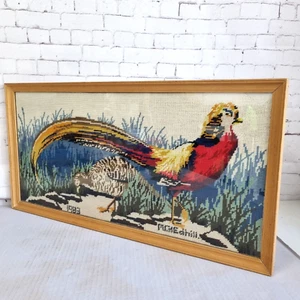 Vintage goldene Fasane Kreuzstich bestickt Vogel Wandteppich Bild 80er Jahre - Bild 1 von 21