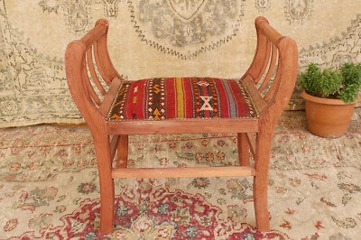 Turkish Vintage Kilim Bench Handmade Wooden Ottoman Boho Decor Upholstered Seat - Image 1 of 4
