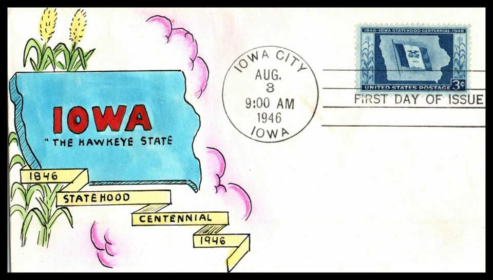 1946 Iowa Statehood 100 years Sc 942 with unlisted Mae Weigand cachet (R16 - Image 1 of 1