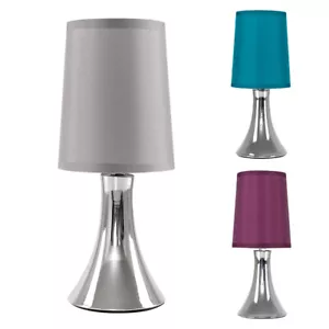 Chrome Touch Table Lamp 31CM Bedside Dimmable Light Fabric Shade & LED Bulb - Picture 1 of 29