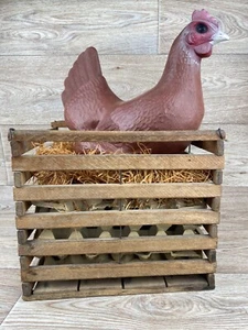 Vintage Decor Plastic Chicken Hen Resting in Wooden Egg Crate Basket - Picture 1 of 12