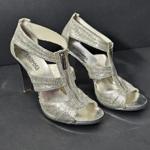 Michael Kors Women's Berkley Size 7.5 High Heel Silver Glitter Zip Sandal Shoes - Picture 1 of 20
