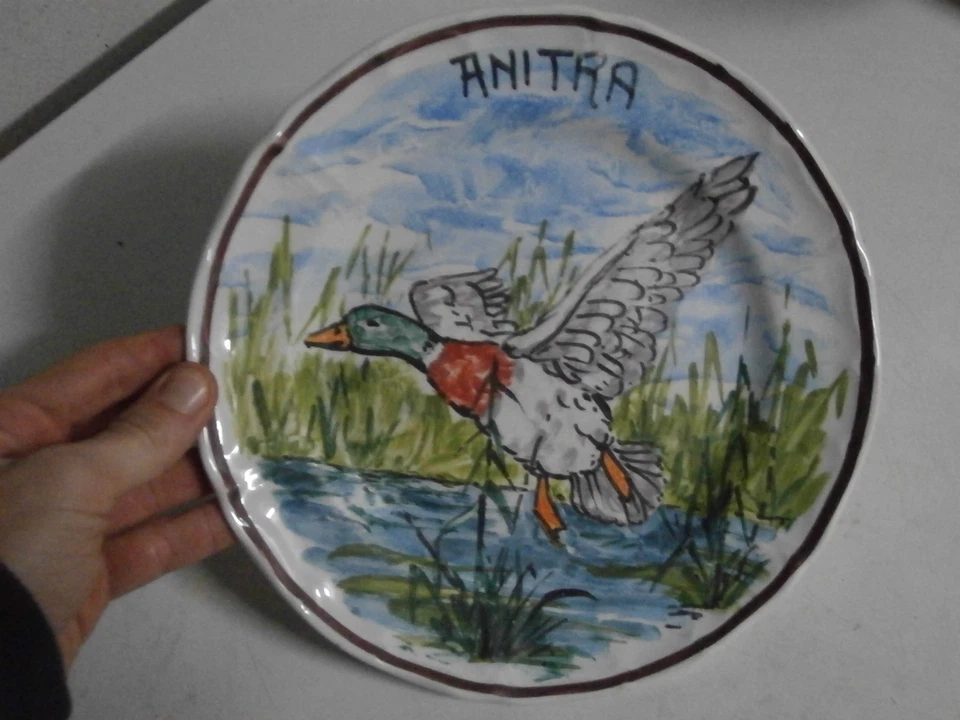 Vecchio piatto Ceramica Fontebasso dipinto a mano "Anitra" caccia anatra 24.5 cm - Immagine 1 di 1