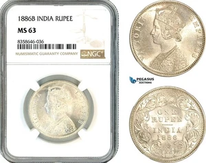 A11-266, India, Victoria, Rupee 1886 B, Bombay Mint, Silver, Km-492, NGC MS63 - Picture 1 of 1