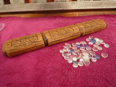 Vintage Carved Wooden Folding Mancala Board with 48 Glass pieces. - Image 1 of 4