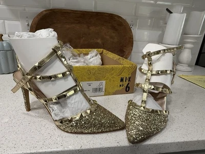 DSW Mix No. 6 zapatos de salón dorados metálicos con correa al tobillo para dama y tacón talla 9 Foto 1 de 4