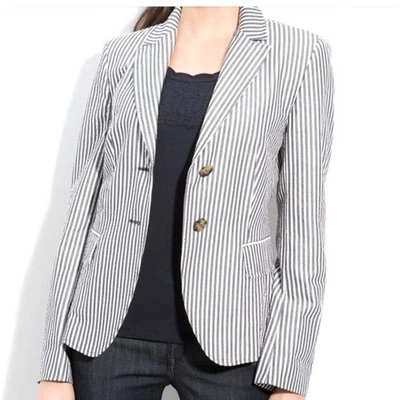 Weekend MaxMara Vanda 100% Cotton Blue & White Seersucker Single Breasted Blazer - Image 1 of 4