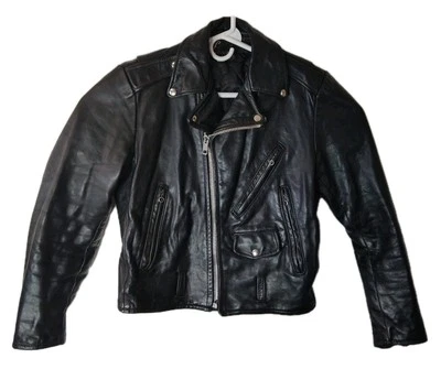 Vintage 1970s Lesco Leather Men’s Biker Jacket Black Size 40 Pre Owned - Image 1 of 4