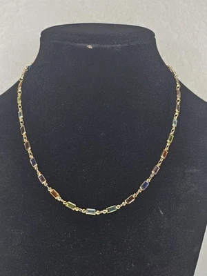 18K Gold Filled Multicolor Stone Crystal Baguette Necklace Adjustable 16-18 Inch - Image 1 of 4
