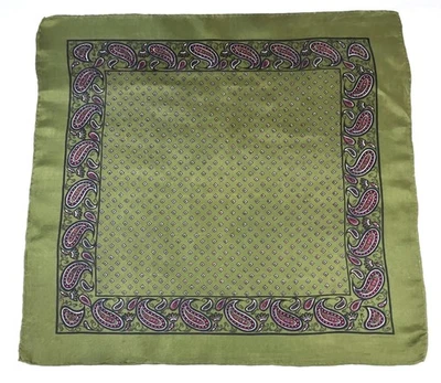 Cuadrado de bolsillo vintage de seda verde oliva rojo cachemir borde diamantes 19" x 19" Foto 1 de 2