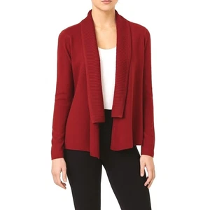 LOFT Red Ribbed Cardigan Sweater Open Front Duster M Holiday Grannycore 59-09 - Picture 1 of 16