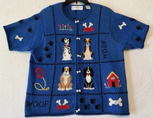 Marisa Christina Blue & Black Dog Sweater, Beading & Rhinestones, Petite LARGE - Picture 1 of 14