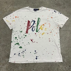Vintage Polo Ralph Lauren Spell Out Shirt Adult Large White Colorful Paint AOP - Picture 1 of 8