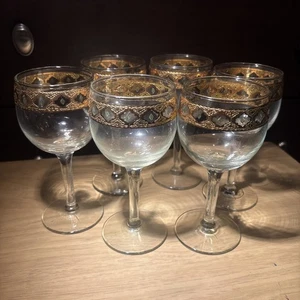 Set of 6 Vintage Culver Valencia 22k Gold Green Diamond Small Wine Glasses 5 3/4 - Picture 1 of 4