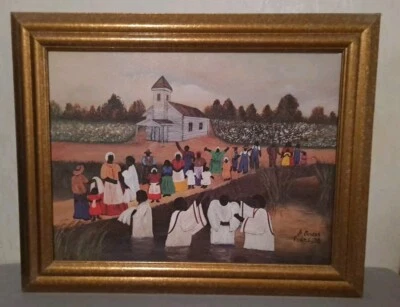 African American Framed J.DOUCET PSALMS :30 Black Folk Art Church Baptism Water - Image 1 of 4
