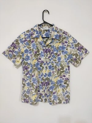 Mujer Talla L Vintage Floral Hawaiana Camisa Blusa Algodón/Poliéster Azul Hilo Granny Foto 1 de 4