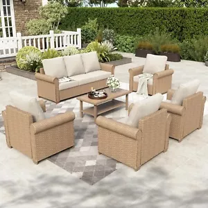 6Pcs Wicker Rattan Patio Conversation Set Outdoor Patio Furniture Set with Table - Picture 1 of 11