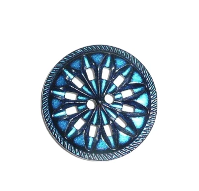 Funky Antique Repro Dark Blue Geometric Flower Type Metal Sewdown Button 1-1/16" - Image 1 of 4