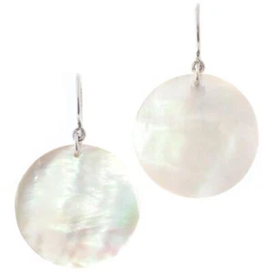 Round White Iridescent Oyster Mother Of Pearl 925 Sterling Silver Earrings 1" - Picture 1 of 2
