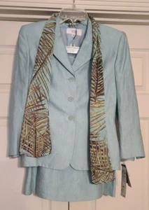 Le Suit Petite 2 Pc Skirt Suit Linen 3/4 Sleeve Jacket Sz 4P Mint Green Lined - Picture 1 of 7