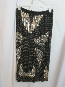 Schwarz Seide Transparent Rock Metallic Perlen Pailletten Abend Damen Gerade Medium - Bild 1 von 5