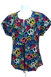 Crayola Threads Womans Scrub Top Sz M Black with Geometric Multi Colr Design - Picture 1 of 5