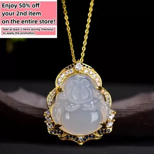 Jade Pendant Necklace Buddha Crystal Charm 18K Gold Plated Chain Gemstone Gift - Picture 1 of 6