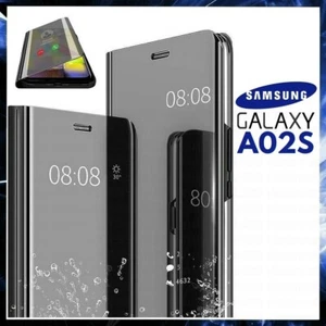 Coque Flip Pour Samsung Galaxy A02s Étui Livre Noire A Miroir Clear View 360 - Photo 1 sur 12