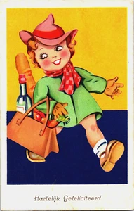 Tarjeta postal vintage de feliz cumpleaños niña haciendo recados B133 - Imagen 1 de 2
