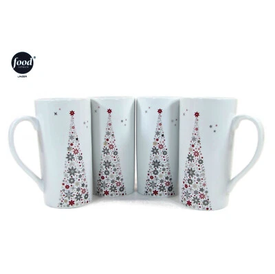 Food Network HOLIDAY TREE 16 oz Juego de tazas de café con leche de altura 4P rojo plateado linzer de Navidad Foto 1 de 4