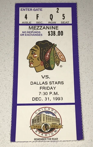 12/31/93 Chicago Blackhawks vs Dallas Stars Logo Season NHL Ticket Stub *FIGHT* Cover