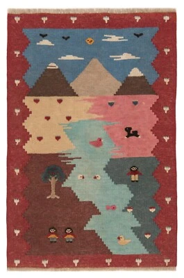 Kelim Relief Handgewebter Perserteppich 88x59 cm-Orient,Kilim,carpet,Rug,Rot - Bild 1 von 4