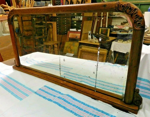 Antique ~ Salvage ~ Oak Beveled Mirror for Buffet with Incised Carving     #2180 Cover