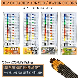 12 Colours x 12ml Watercolour Oil Gouache Acrylic Quality Painting Supplies Tube - Picture 1 of 14