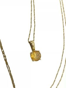 14K Solid Yellow Gold 4mm Round Yellow Citrine Pendant Necklace 18"