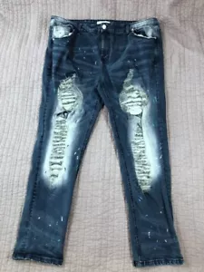 Refinery Republic Denim Design Jeans Men 42 x 30 Blue Distressed Paint Splatter - Picture 1 of 19