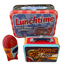 Vandor 2001 Atomic Man Salt & Pepper Shakers Lunchbox & Thermos in Tin Rare