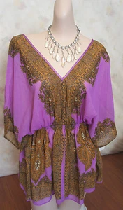 NEW WOMAN Violet PAISLEY Chiffon Cover Up Sz S Elastic Waist, Summer Wear - Picture 1 of 9