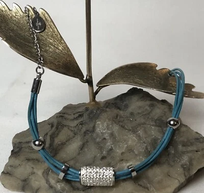 Pave’ Rhinestones Charm Bracelet 7” Blue 4 Strand Leather Cords Silver Spacers - Image 1 of 4