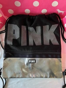 Victorias Secret PINK Drawstring Backpack Black & Silver - Picture 1 of 2